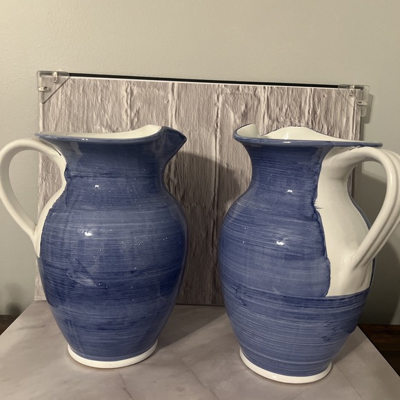 Pair of Caleca Hand Painted Blue & White Pitchers Made in Italy Sicilian Pottery